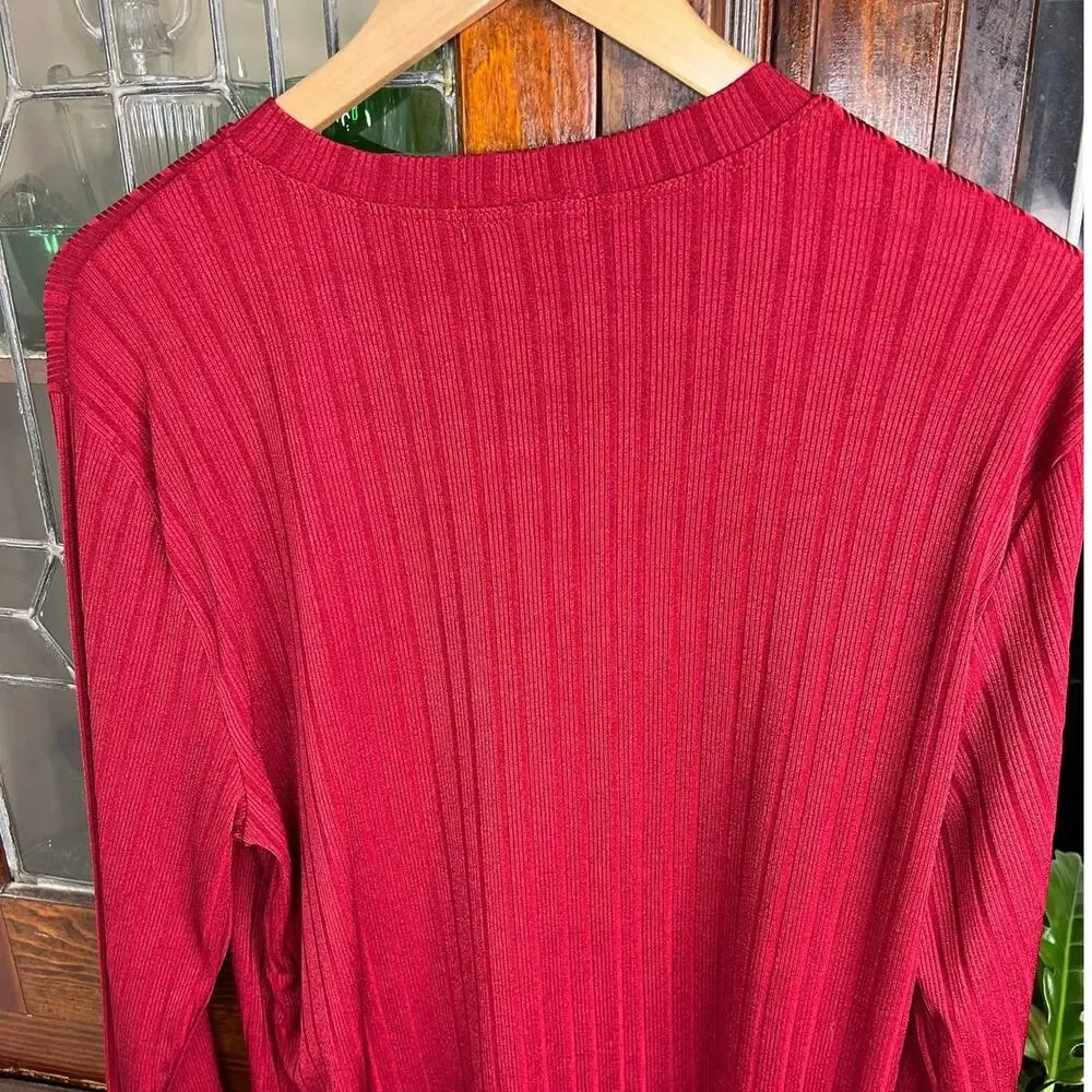 Vintage 90s Red Ribbed Knit Shirt Mens Medium Slim Fit Stretch